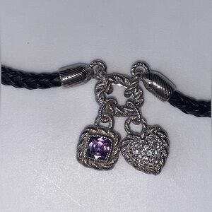 Vintage Judith Ripka Black Braided Leather Choker Necklace – 925SS & Amethyst